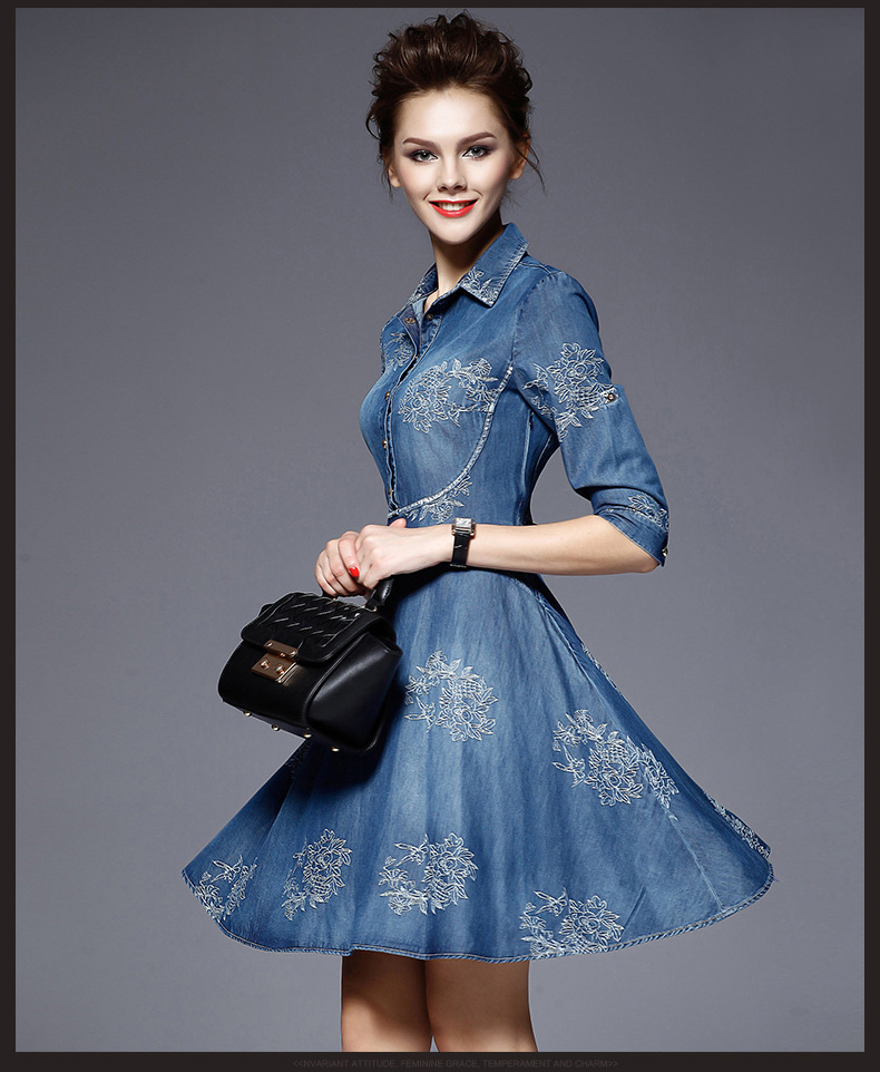 SZ60041 Stylish Embroidery Polo Neck Half Sleeve Denim Midi Skater Dress